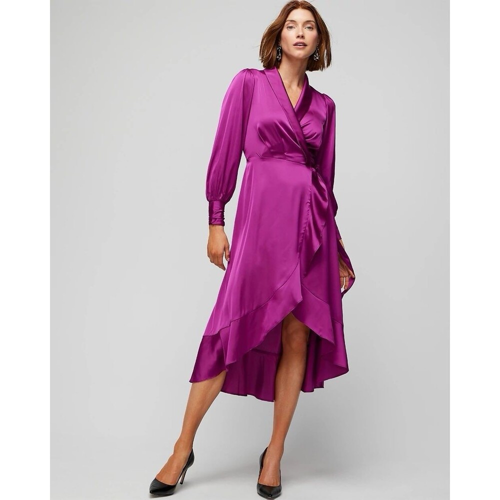 WHBM Satin Ruffle Wrap Dress Size 12 Magenta Wedding Guest High Low Midi